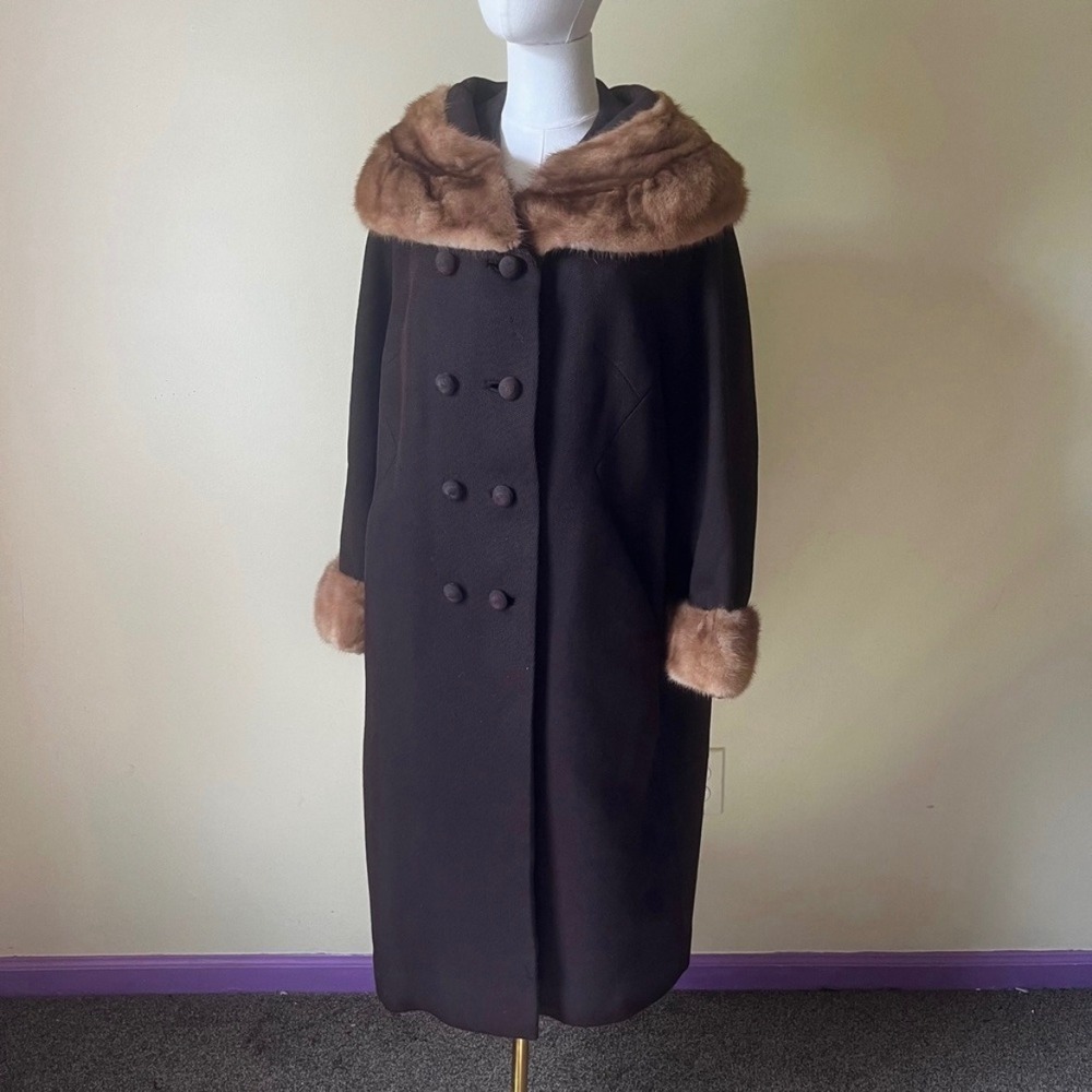 Vintage 1960s Wool Coat Genuine Mink Fur Collar Cuffs L XL Full Length